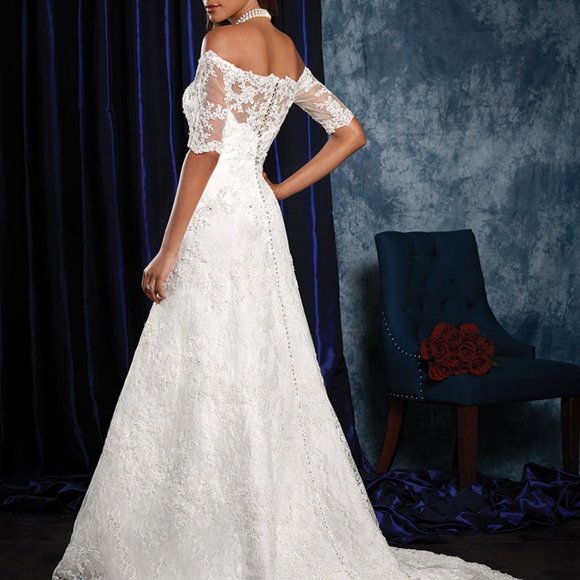 SAMPLE Alfred Angelo 1/2Sleeve Lace Wedding Dress, Ivory A-Line Off Shoulder - Picture 2 of 15